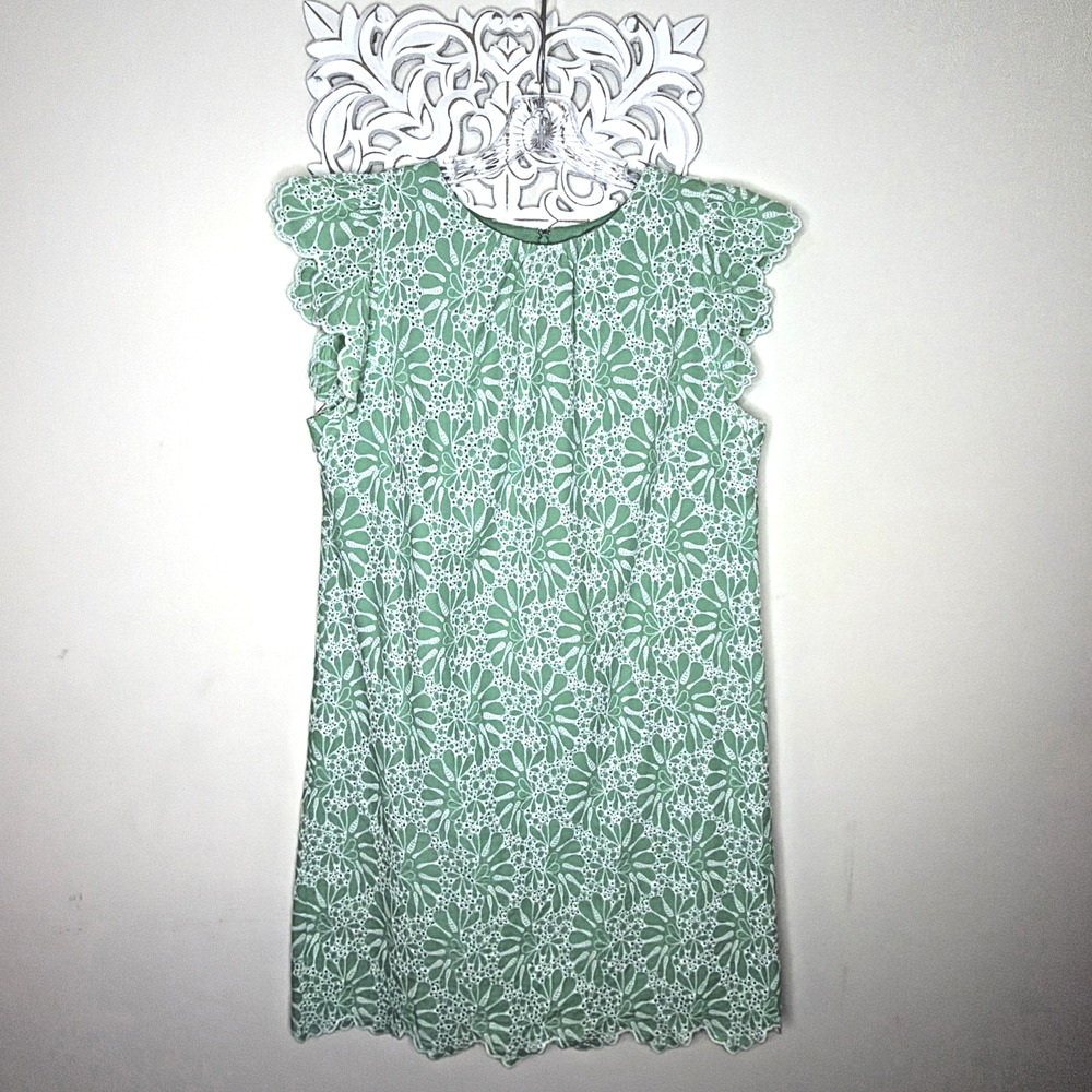 LOFT Shift DRESS 12 Cap Sleeves WHITE Embroidery Overlay Scalloped Hem GREEN